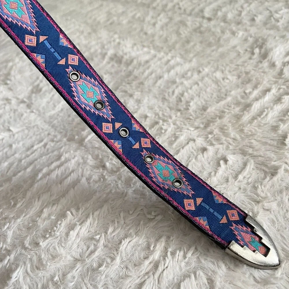 Vintage Nuovo Blue Pink Western Belt Southwestern Boho Silver Buckle 27.5 - 31.5